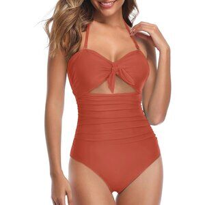 Tempt Me Red Cutout One Piece Swimsuit Tummy Control Halter Bathing Suit SMALL